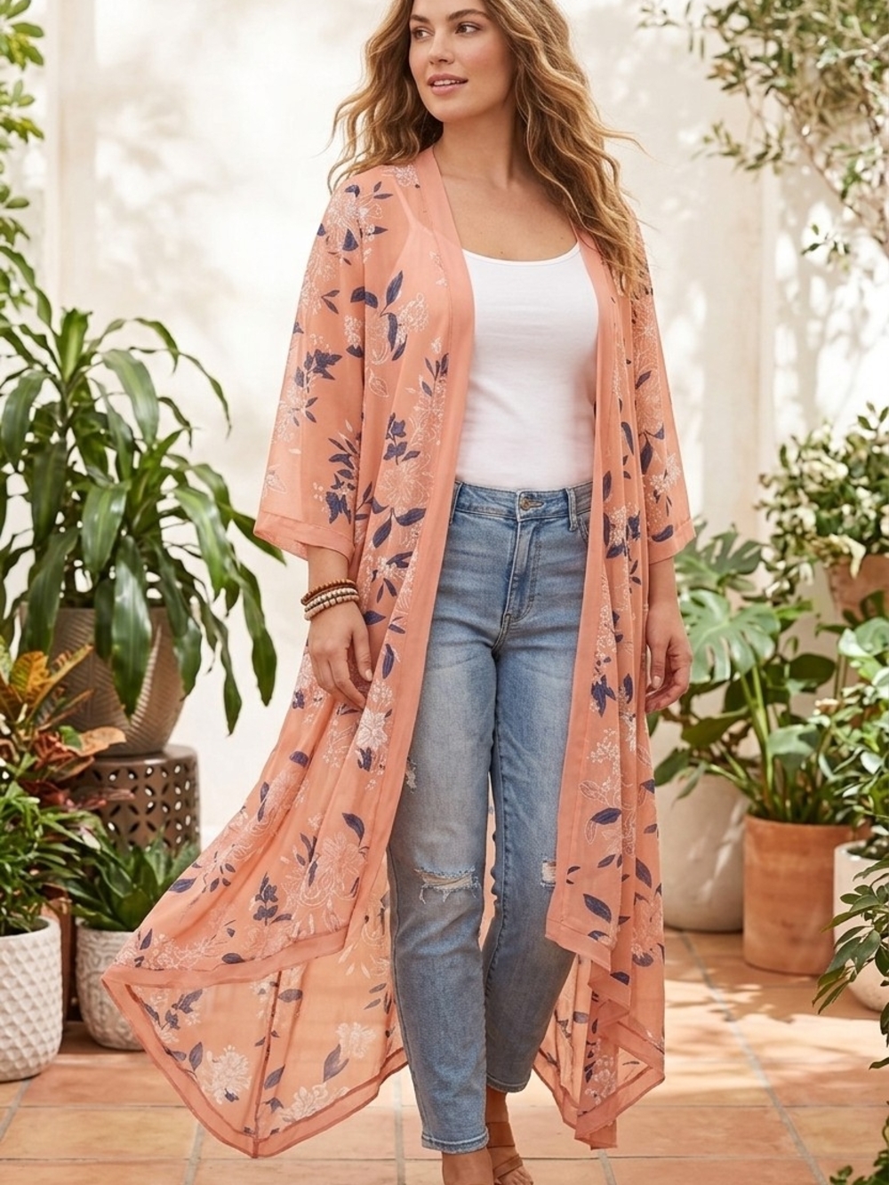 ​Torrid Floral Kimono Duster Cardigan Sheer Peach Pink Blue Size 1/2 Plus Size